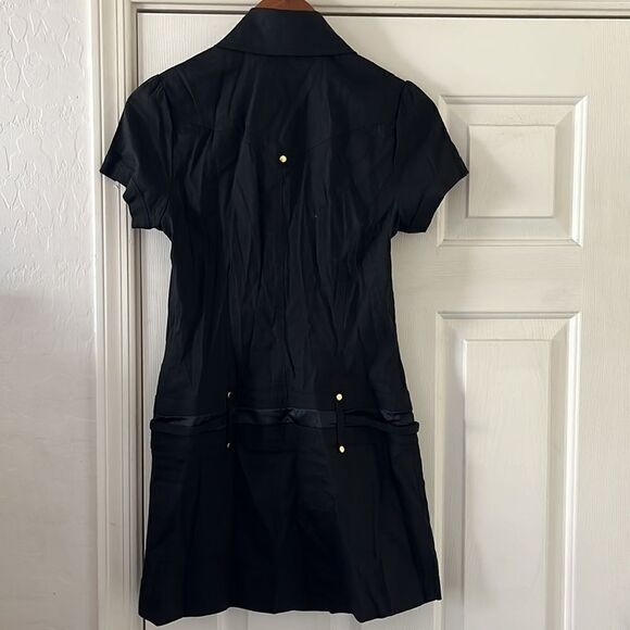 Y2K Bebe Black Gold Buttons Clasp Linen Blend Dress Feminine Club Event Party - Picture 2 of 11